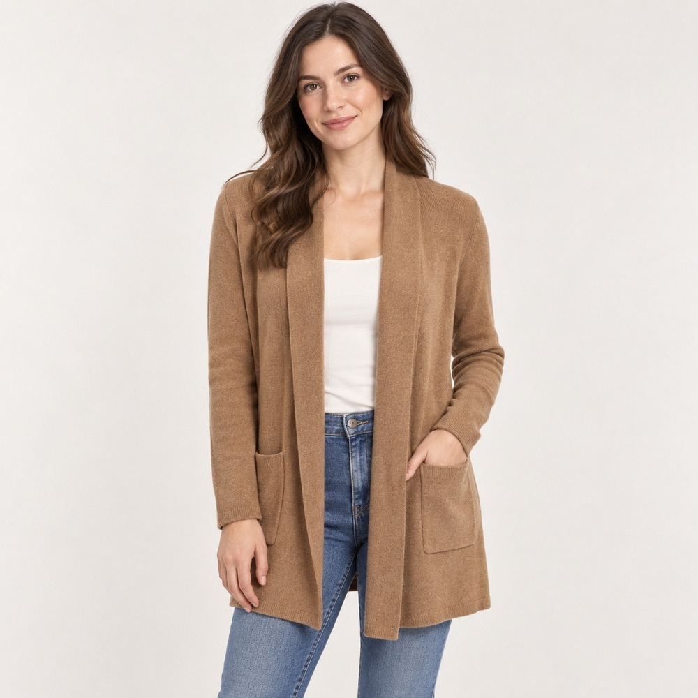 J.Crew Women S Camel Brown 100% Cotton Long Cardigan Open Front Pockets